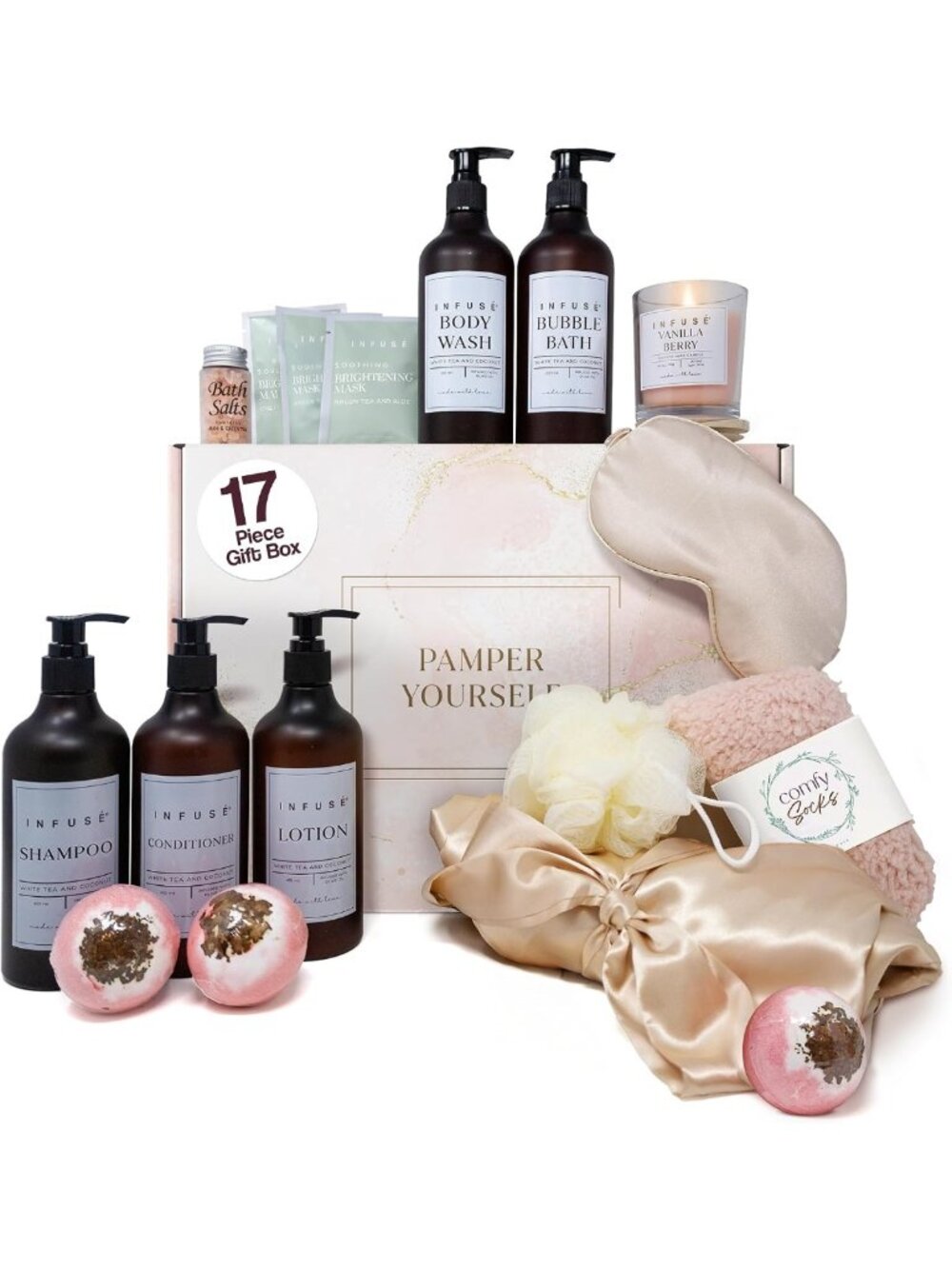 17-Piece Spa Gift Set for Women | Eye Mask, Candle, Robe, Bath Bombs & More!